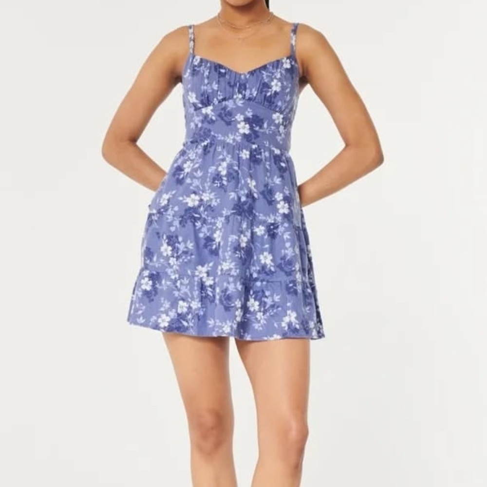 Hollister Open Back Linen Blend Mini Dress Lace Up Tie Back Blue Floral XS